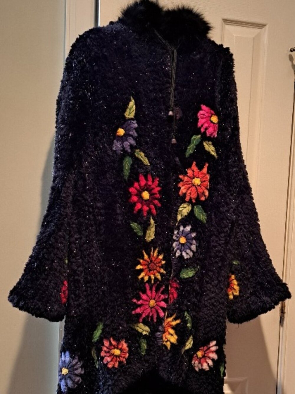 Authentic ZUKI Sheared Beaver Floral Intarsia Hooded Stroller Coat 36” Style 878